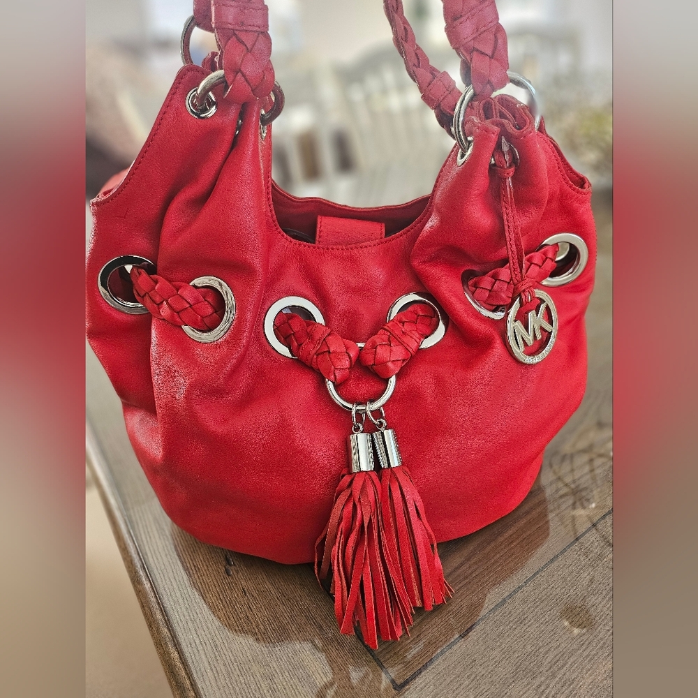 Michael Kors Red Braided Leather Hobo Bag. EUC